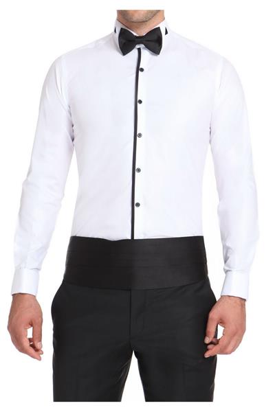 Slim Fit Duble Manşet Önü Biyeli Ata Yaka Beyaz Damatlık Smokin Gömlek  Gk 502