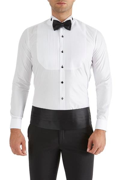Slim Fit Duble Manşet Önü Piliseli Ata Yaka Beyaz Damatlık Smokin Gömlek  Gk 361