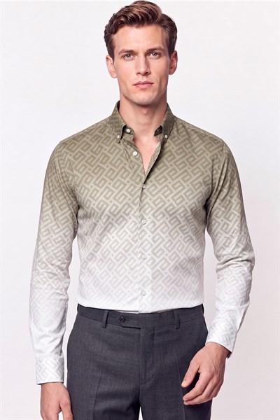 Slim Fit Düğme Yaka Desenli Haki Gömlek G 1611 