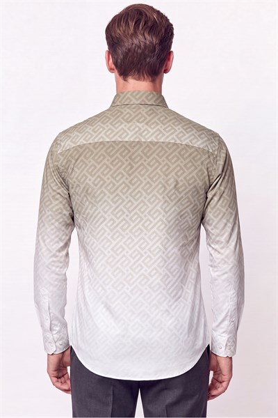 Slim Fit Düğme Yaka Desenli Haki Gömlek G 1611 