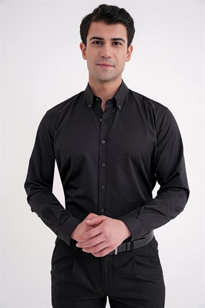 Slim Fit Düğme Yakalı Esnek Pamuk Siyah Gömlek GK 754