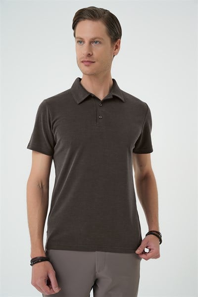 Slim Fit Düğmeli Pamuklu Koyu Vizon Polo Yaka Tişört Ts 879