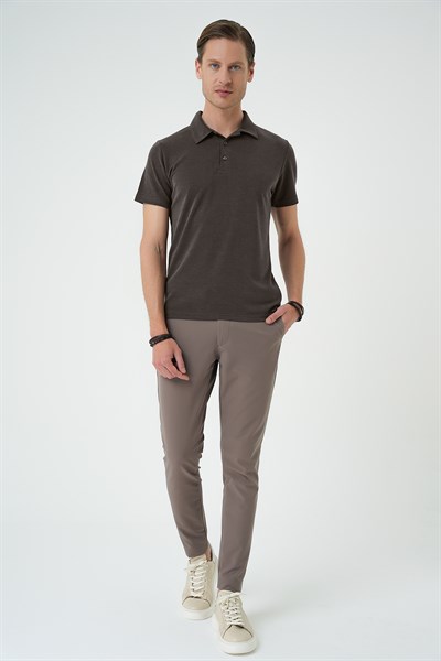 Slim Fit Düğmeli Pamuklu Koyu Vizon Polo Yaka Tişört Ts 879