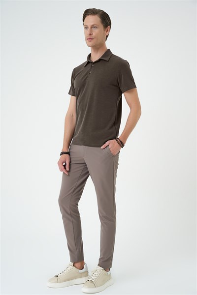 Slim Fit Düğmeli Pamuklu Koyu Vizon Polo Yaka Tişört Ts 879