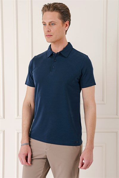 Slim Fit Düğmeli Pamuklu Lacivert Polo Yaka Tişört Ts 879
