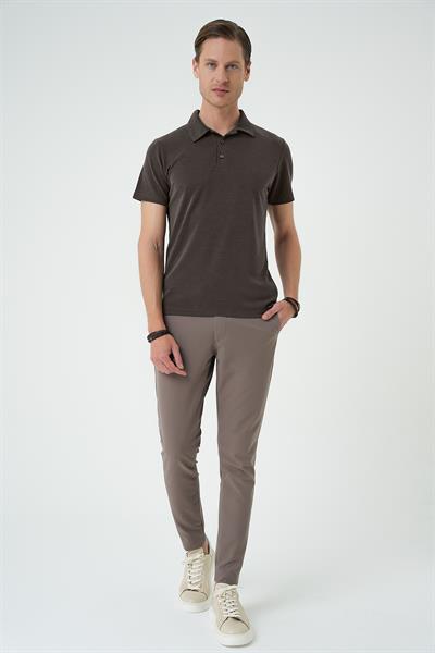 Slim Fit Düğmeli Pamuklu Koyu Vizon Polo Yaka Tişört Ts 879