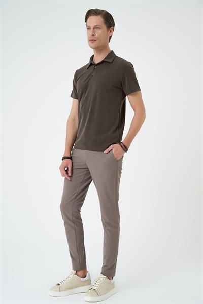 Slim Fit Düğmeli Pamuklu Koyu Vizon Polo Yaka Tişört Ts 879