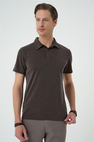 Slim Fit Düğmeli Pamuklu Koyu Vizon Polo Yaka Tişört Ts 879