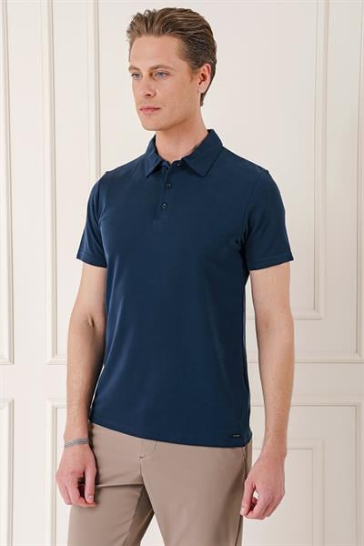 Slim Fit Düğmeli Pamuklu Lacivert Polo Yaka Tişört Ts 879
