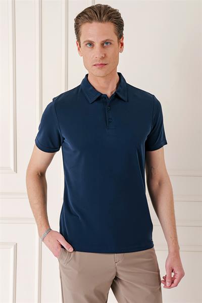 Slim Fit Düğmeli Pamuklu Lacivert Polo Yaka Tişört Ts 879