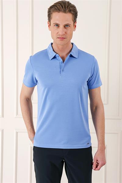 Slim Fit Düğmeli Pamuklu Mavi Polo Yaka Tişört Ts 879