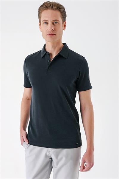 Slim Fit Düğmeli Polo Yaka Pamuklu Siyah Tişört Ts 879