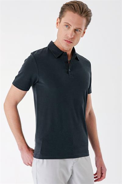 Slim Fit Düğmeli Pamuklu Siyah Polo Yaka Tişört Ts 879