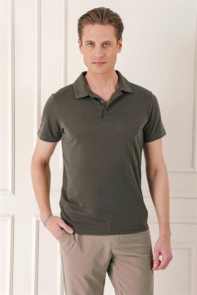 Slim Fit Düğmeli Pamuklu Vizon Polo Yaka Tişört Ts 879