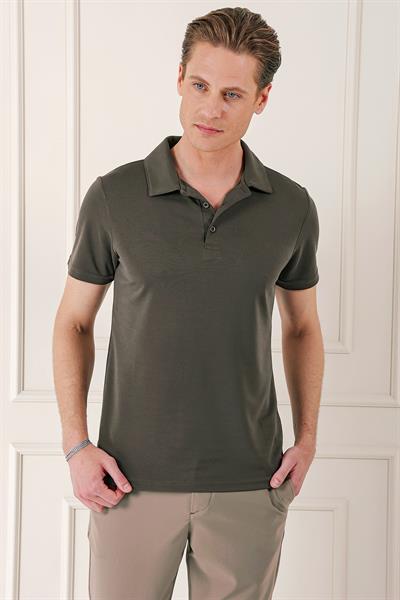 Slim Fit Düğmeli Pamuklu Vizon Polo Yaka Tişört Ts 879
