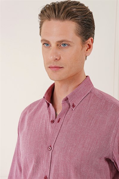 Slim Fit Düğmeli Yaka %100 Pamuk Bordo Gömlek Gk 723