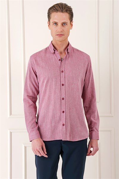 Slim Fit Düğmeli Yaka %100 Pamuk Bordo Gömlek Gk 723