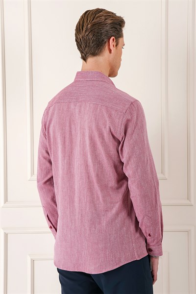 Slim Fit Düğmeli Yaka %100 Pamuk Bordo Gömlek Gk 723