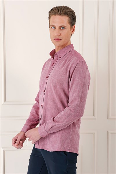Slim Fit Düğmeli Yaka %100 Pamuk Bordo Gömlek Gk 723