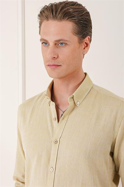 Slim Fit Düğmeli Yaka %100 Pamuk Klasik Limon Gömlek Gk 723