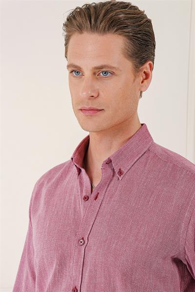 Slim Fit Düğmeli Yaka %100 Pamuk Klasik Bordo Gömlek Gk 723