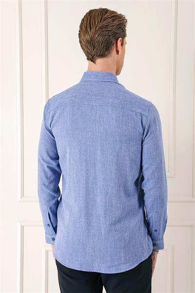 Slim Fit Düğmeli Yaka %100 Pamuk Klasik Koyu Mavi Gömlek Gk 723