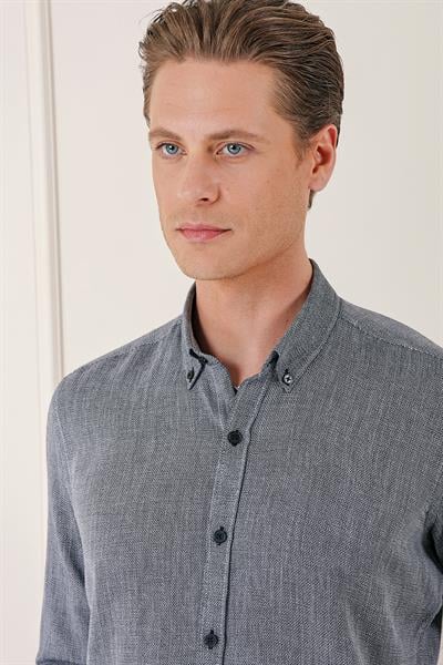 Slim Fit Düğmeli Yaka %100 Pamuk Klasik Siyah Gömlek Gk 723