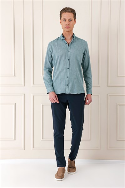 Slim Fit Düğmeli Yaka %100 Pamuk Klasik Yeşil Gömlek Gk 723