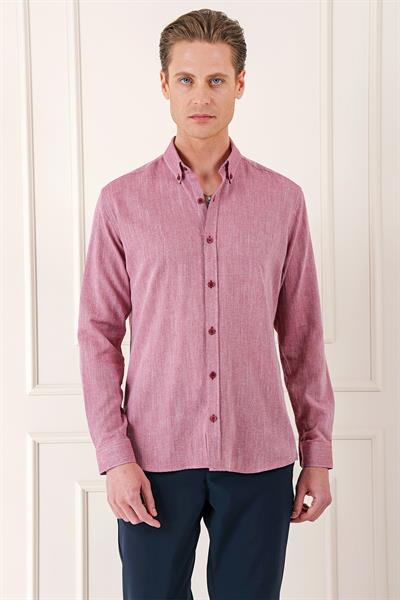 Slim Fit Düğmeli Yaka %100 Pamuk Klasik Bordo Gömlek Gk 723