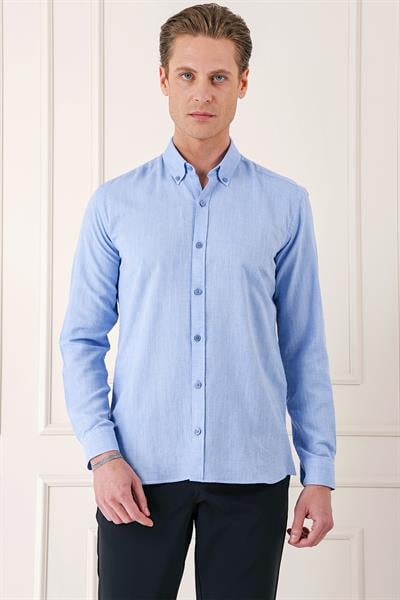 Slim Fit Düğmeli Yaka %100 Pamuk Klasik Mavi Gömlek Gk 723