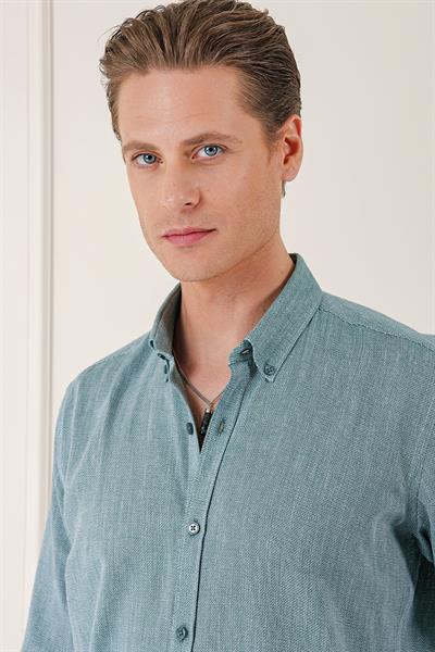 Slim Fit Düğmeli Yaka %100 Pamuk Klasik Yeşil Gömlek Gk 723