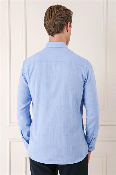 Slim Fit Düğmeli Yaka %100 Pamuk Klasik Mavi Gömlek Gk 723