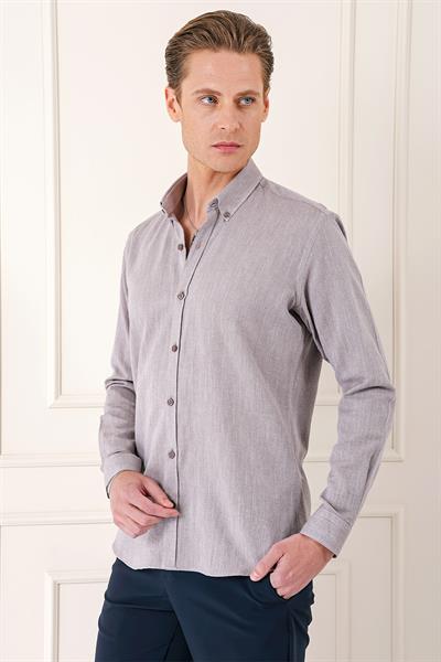 Slim Fit Düğmeli Yaka %100 Pamuk Klasik Vizon Gömlek Gk 723