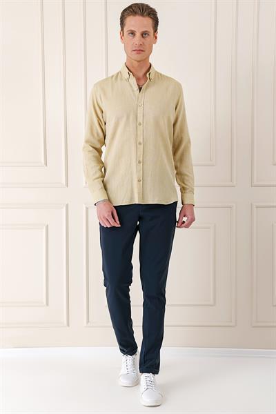 Slim Fit Düğmeli Yaka %100 Pamuk Klasik Limon Gömlek Gk 723