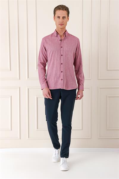 Slim Fit Düğmeli Yaka %100 Pamuk Klasik Bordo Gömlek Gk 723