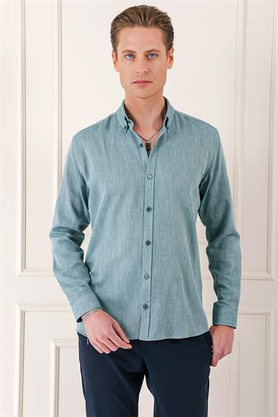 Slim Fit Düğmeli Yaka %100 Pamuk Klasik Yeşil Gömlek Gk 723