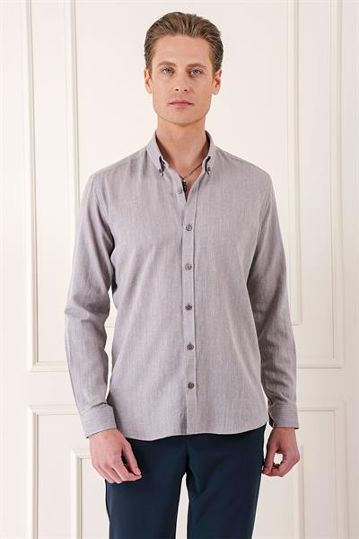 Slim Fit Düğmeli Yaka %100 Pamuk Klasik Vizon Gömlek Gk 723
