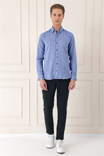 Slim Fit Düğmeli Yaka %100 Pamuk Koyu Mavi Gömlek Gk 723