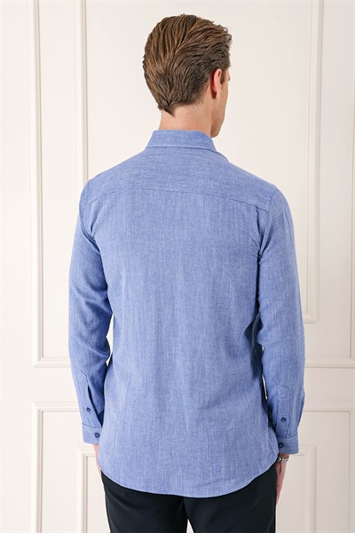 Slim Fit Düğmeli Yaka %100 Pamuk Koyu Mavi Gömlek Gk 723