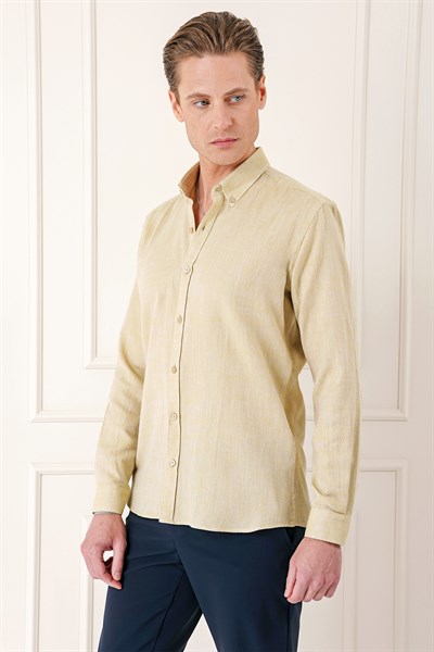 Slim Fit Düğmeli Yaka %100 Pamuk Limon Gömlek Gk 723