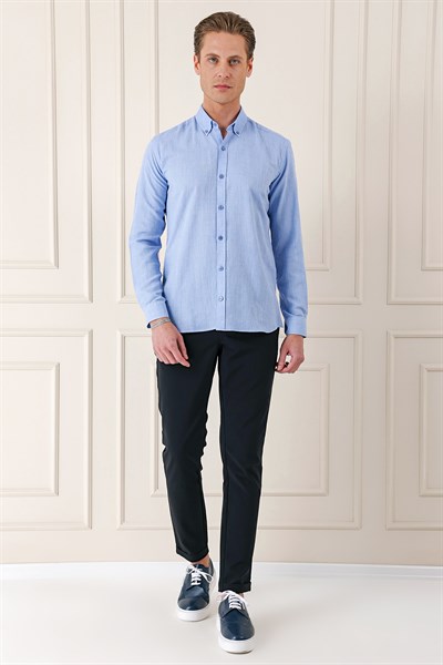 Slim Fit Düğmeli Yaka %100 Pamuk Mavi Gömlek Gk 723