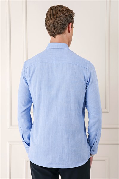 Slim Fit Düğmeli Yaka %100 Pamuk Mavi Gömlek Gk 723