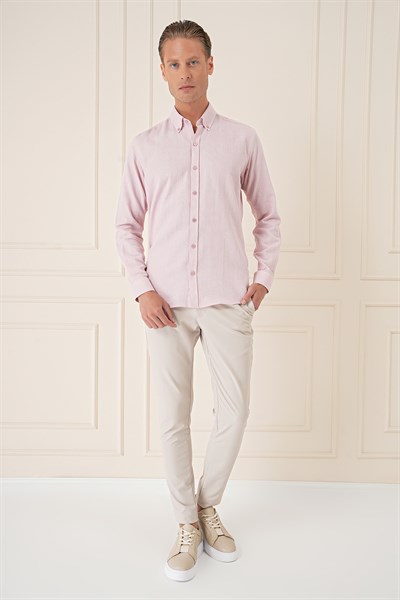 Slim Fit Düğmeli Yaka %100 Pamuk Pudra Gömlek Gk 723