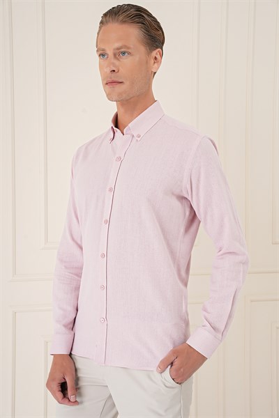 Slim Fit Düğmeli Yaka %100 Pamuk Pudra Gömlek Gk 723