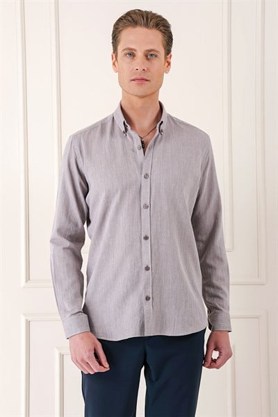 Slim Fit Düğmeli Yaka %100 Pamuk Vizon Gömlek Gk 723