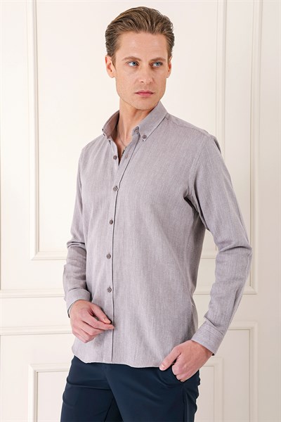 Slim Fit Düğmeli Yaka %100 Pamuk Vizon Gömlek Gk 723
