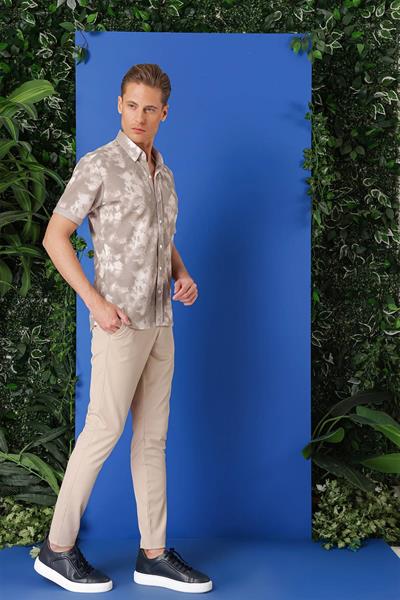 Slim Fit Düğmeli Yaka Batik Desenli Kısa Kollu Pamuk Bej Gömlek G 1502