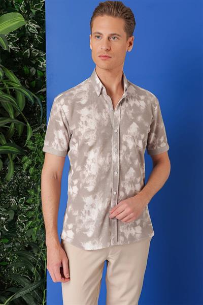 Slim Fit Düğmeli Yaka Batik Desenli Kısa Kollu Pamuk Bej Gömlek G 1502