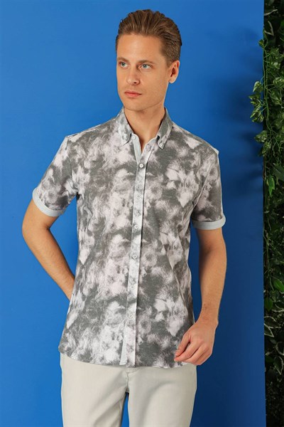 Slim Fit Düğmeli Yaka Batik Desenli Kısa Kollu Pamuk Gri Gömlek G 1502