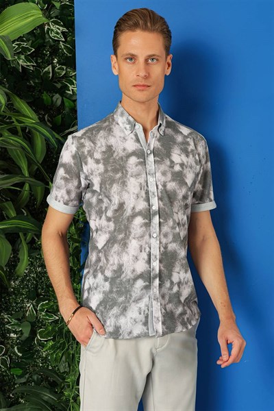 Slim Fit Düğmeli Yaka Batik Desenli Kısa Kollu Pamuk Gri Gömlek G 1502